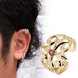 イヤーカフ メンズ 片耳 18金 クロス 18k かっこいい ゴールド イヤカフ ガーネット 1月誕生石 透かし 父の日 2024
