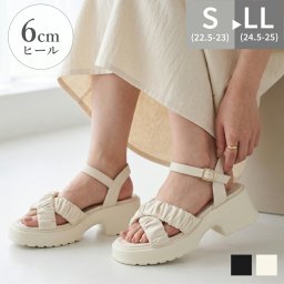 厚底サンダル ストラップ レディース ギャザー リボン きれいめ 歩きやすい 痛くない スクエアトゥ ボリュームソール 疲れない 美脚 スタイルアップ ゴールドバックル 6cmヒール ブラック 黒 パレード Parade 6311-WK カジュアル モード