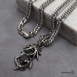 ステンレス ドラゴンネックレス シルバー ブラック ダブル喜平チェーンネックレス 長さ50cm 60cm 幅6mm 龍 オニキス 中折式 メンズ 男性 お洒落 人気 トレンド 流行り 金属アレルギー対応 ペンダント