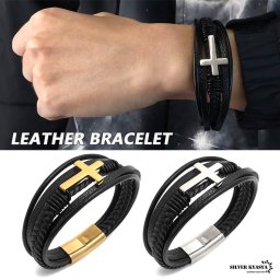ブレスレット メンズ レザー ステンレス クロス 十字架 定番 ゴールド シルバー gold silver マグネット メタリック 男性 金属アレルギー対応