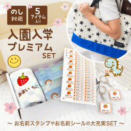 入園祝い・入学祝い【 プレミアム5点入り（名前スタンプ+名前シール+ループ付きタオル+キーホルダー+レッスンバッグ）】 ハンコ ギフト プレゼント