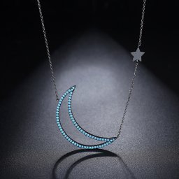 ネックレス キュービックジルコニア ブルー 真鍮 ブラック 小豆 アズキチェーン カニカン 可愛い かわいい カジュアル モチーフ 月 ムーン 44+6cm n17081024