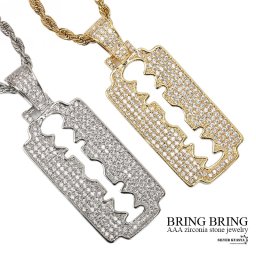 キラキラ カミソリネックレス 刃 18k gp 金 銀 ヒップホップジュエリー HIPHOP AAA+ジルコニア パヴェCZダイヤ ロープチェーン60cm 剃刀 モチーフ ペンダント