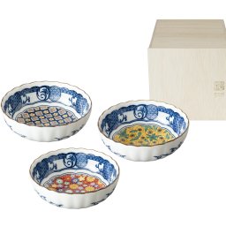  美濃焼 食器 ギフト BOX入 鉢 中鉢 各3色SET 藍染小紋 三ツ組鉢揃 柄 マルチカラー 取り皿 副菜 おかず マルサン近藤 箱入 陶器 日本製 おしゃれ プレゼント 敬老の日 ギフトカード対応