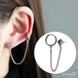 シルバー925 チェーンピアス 2連ピアス キラキラ 1粒 フープピアス メンズ レディース 片耳1点 金属アレルギー対応 父の日 イヤリング 男性 女性