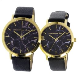 【無料特典付き！】クリスチャンポール 時計 ペアウォッチ 43mm 35mm ブラックマーブル 大理石柄 ブラックレザー 天然皮革 成人 卒業 入学