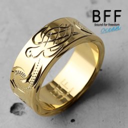 BFF ブランド タートル 幅8mm 平打リング ゴールド 18K GP gold 金色 ウミガメ スクロール フラットバンド ペア ハワイ ハワイアンジュエリー 手彫り 彫金 専用BOX付属