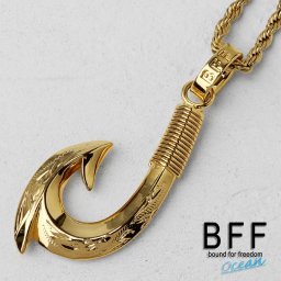 BFF ブランド フィッシュフックネックレス 18K GP ゴールド gold 金色 マイレ スクロール 釣り針 ハワイアンジュエリー ロープチェーン 彫金 手彫り 専用BOX付属