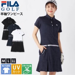FILA GOLF フィラゴルフ 半袖 ワンピース ゴルフウェア レディース ブランド ロゴ 春夏 吸汗速乾 ドライ 快適 UVカット 紫外線カット 日焼け防止 首焼け防止 襟付き ハーフボタン 細見え効果 花柄 白 黒 M L LL  2025SS