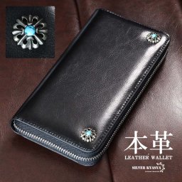 レザーウォレット メンズ コンチョ付き 長財布 本革 紋章コンチョ ダブル 大容量 シンプル ビジネス カジュアル 男性