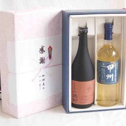 夏の贈り物お中元 感謝の贈り物ボックス 酒粕だけの焼酎と国産ワインセット(山梨県産葡萄100％使用 甲州 辛口白ワイン 辛口(山梨県)720ml大分県井上酒造もろみ焼酎32度 720ml