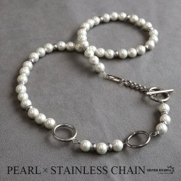 ネックレス メンズ silver kyasyaオリジナル パールネックレス マンテル ハンドメイド ストリート銀色 ステンレス 金属アレルギー対応 男性