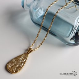 ハワイアンネックレス レディース 4面カット あずきチェーン ティアドロップ プルメリア スクロール 女性 ゴールド 18K GP ステンレス 金属アレルギー対応 ペンダント