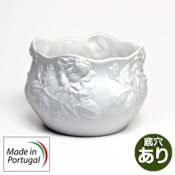 ヨーロッパ ポルトガル製 陶器 植木鉢 お洒落 ハンドメイド プランター バラ レリーフ 白 ホワイト ローズ ばら 底穴あり 直植え OK 優雅 薔薇 直径 19cm ガーデニング pan-h233w