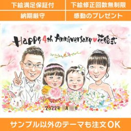 幸せな4年間を似顔絵で振り返ろう！花婚式記念の特別なプレゼントに似顔絵はいかがでしょうか？ぽん太