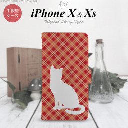iPhone XS 手帳型 スマホ ケース カバー アイフォン 猫 チェック赤A【アイフォーン XS,iPhone,XS,メール便 送料無料】