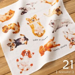 大きめリネン100％ハンカチ キャット＆ドッグ 43×43cm 21.Animal020