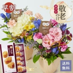【早割】【9月7日12：00まで】【敬老の日限定】敬老アレンジメントとスイーツセット こがね芋 和菓子 和風スイートポテト スイーツ お菓子 フラワーアレンジメント 生花 敬老の日  送料無料 プレゼント ギフト 花 おじいちゃん おばあちゃん 祖父母 セット フラワー アレンジメント