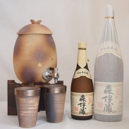 信楽焼・明山窯　焼酎サーバー　火色金小紋　2200ｃｃ(滋賀県)+萬古焼・備前金彩焼酎ペアカップ(三重県)+芋焼酎セット 森伊蔵720ｍｌ 1800ｍｌ(鹿児島)