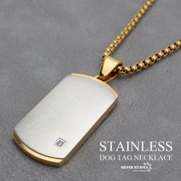 ステンレス つや消し マットシルバー ドッグタグネックレス シンプル ペンダント メンズ プレートネックレス かっこいい 一粒ストーン付き ベネチアンチェーン付き 男性
