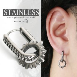 ステンレス 喜平チェーン 模様 スタッズ ユニーク フープピアス 揺れるピアス 男性 silver 片耳用 金属アレルギー対応 18G 父の日 イヤリング メンズ