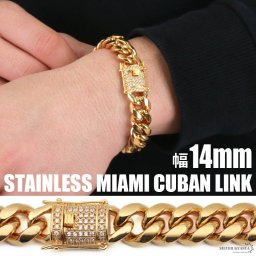 幅14mm ステンレス 喜平ブレスレット マイアミキューバンリンク チェーン ブリンブリン CZ パヴェ 二重ロック HIP HOP B系 ゴールド 金 18k GP