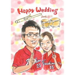 結婚祝いの似顔絵 趣味の小物やユニフォームをお描きすることもできます。このページからあらゆる記念日やテーマ（結婚式 誕生日 還暦 古希 喜寿 傘寿 米寿 卒寿 白寿 百寿 退職 卒業 結婚記念日 金婚式 銀婚式 真珠婚式 大人数など）に対応できます。色紙やボードにお描きするかわいくて人気の似顔絵イラストです。ぽん太