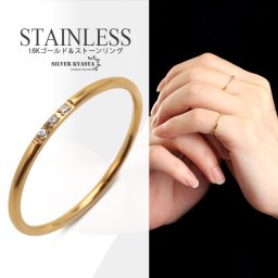 ステンレス リング レディース 極細 幅1mm ドーナツ型 ストーン 3粒 18KGP IP gold ゴールド ドーナツ型 金属アレルギー対応 指輪 女性