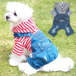 ボーダーロンパース 犬服 犬 服 好き 名入れ 名前入り 名前入れ プレゼント ギフト おしゃれ かわいい つなぎ デニム パンツ 刺繍 おすすめ 小型犬 トイプードル チワワ ドッグウェア 犬の服