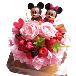 花言葉 感謝 記念日  ミッキー ミニー 他フラワーギフト フラワーケーキ プリザーブドフラワー入り ケース付き 誕生日プレゼント 彼女 友達 友人 ディズニーマスコット種類はおまかせ 