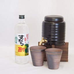 本格焼酎サーバー1000cc(18cm×24cm 1kg)三重県萬古焼き備前金彩ペアカップ(200ml×2個)日新酒類 阿波の香りすだち酎 (徳島県) 720ml×1本