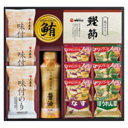 実りの秋の贈り物 アマノフーズ&大森屋味付のりギフト 大森屋味付のり（8切5枚）･アマノフーズいつものおみそ汁（なす･ほうれん草）×各3、天然醸造?油（200ml）･柳屋本店かつおパック（3g×3）･鮪油漬けフレーク（70g）×各1