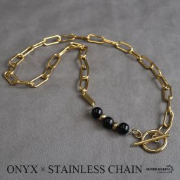 ネックレス メンズ silver kyasyaオリジナル あずきチェーン マンテル オニキス ハンドメイド gold 金色 ステンレス 金属アレルギー対応 父の日 男性
