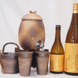 信楽焼・明山窯　焼酎サーバー　火色金小紋　2200ｃｃ(滋賀県)+萬古焼・備前金彩焼酎ペアカップ 氷入れ(三重県)+芋焼酎 西酒造 富乃宝山 720ml 1800ml(鹿児島県)