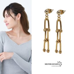 Uチェーン レディース ドロップピアス スタッドピアス 女性 ゴールド 18K GP ステンレス 両耳用 金属アレルギー対応 イヤリング