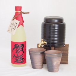 本格焼酎サーバー1000cc(18cm×24cm 1kg)三重県萬古焼き備前金彩ペアカップ(200ml×2個)老松酒造 麦焼酎 閻魔 (大分県) 720ml×1本