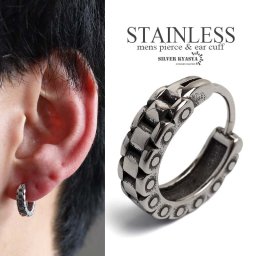 ステンレス製 チェーンピアス フープピアス バイクチェーン シルバー 鎖 ユニーク 片耳1点 プチプラ メンズ 男性 金属アレルギー対応 父の日 イヤリング