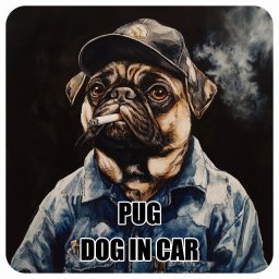 PUG パグ DOG IN CAR カーステッカー 犬 作業服 ちょい悪 13x13cm 正方形 防水 屋外 屋内 ドッグオンボード デカール