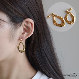 ステンレス素材 オーバルピアス 揺れる ドロップピアス ゴールド gold 18K GP ラウンドピアス 歪み スタッドピアス シンプル 金属アレルギー対応 両耳 イヤリング