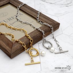 レディースネックレス アラメ喜平チェーン パール ステンレス IPメッキ 18k 金メッキ マンテル シルバー ゴールド silver gold 荒目 喜平 オリジナル ハンドメイド 金属アレルギー対応 女性