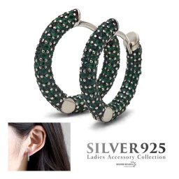 ストーン フープピアス シルバー925 CZ レディース リングピアス グリーン キラキラ 金属アレルギー対応 両耳用 2点セット イヤリング 女性