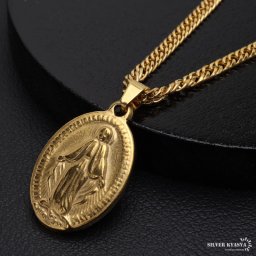 ステンレス マリアネックレス コインネックレス ゴールド 18KGP 45cm 50cm 60cm ダブル喜平チェーン 聖母マリア 不思議のメダイ 男性 メンズ 金属アレルギー対応 ペンダント
