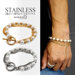 パールブレスレット メンズ 6面カット ダブル喜平 ゴールド シルバー 18K K18 GP マンテル チェーンブレスレット ステンレス 金属アレルギー対応 19cm 男性
