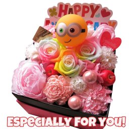 誕生日プレゼント ミニオン入り 花 フラワーギフト 箱を開けてサプライズ キティマスコット入り フラワーボックス レインボーローズ プリザーブドフラワー