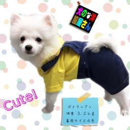 犬服 オールシーズン用 イエローシャツ＆デニムロンパース ( 大型犬用 ) ペアルック可能 ジャンプスーツ つなぎ