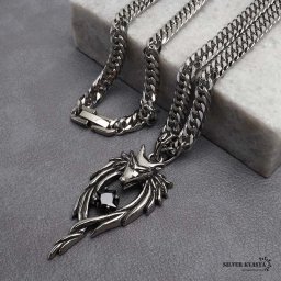 ステンレス ウルフネックレス シルバー ダブル喜平チェーンネックレス 幅6mm 長さ50cm 60cm 狼 オニキス 中折式 メンズ 男性 お洒落 人気 トレンド 流行り 金属アレルギー対応 ペンダント