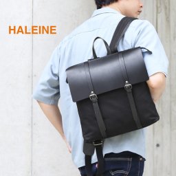 リュック メンズ レザー ヌメ革 本革 キャンバス HALEINE リュックサック 帆布 革 黒 カジュアル 学生 人気 通勤 ビジネス おしゃれ 旅行 ブランド 通学 ブラック 生地 a4 男 30代 40代 小さめ ギフト プレゼント お父さん (07000543-mens-1r) 定年退職 バレンタイン 成人祝い
