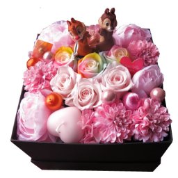 チップ＆デール入り 花 フラワーギフト ボックスフラワー レインボーローズ プリザーブドフラワー入りギフト 誕生日 記念日 結婚祝い