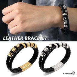 ブレスレット メンズ レザー ステンレス ゴールド シルバー gold silver マグネット メタリック ユニーク 男性 金属アレルギー対応