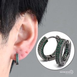 ストーンピアス グリーン フープピアス メタルピアス アンティーク 燻し風 エメラルド キラキラ 両耳2点セット メンズ 男性 イヤリング